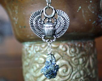 silver winged scarab and blue raw druzy steampunk insect necklace, art deco, scarab beetle pendant