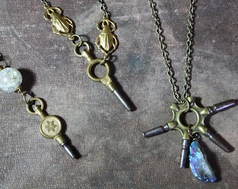 steampunk vintage clock key necklaces, 3 styles, raw quartz, scarab beetle jewellery