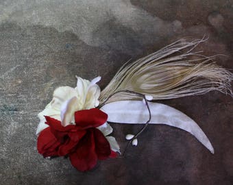 red and cream flower hair clip, blood and bone, boho hair flowers, woodland wedding