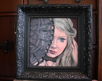 Secrets Gothic Femme Fatale Framed Canvas Painting, Female Portrait With Fan