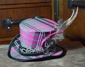 grey and pink tartan steampunk mini top hat, mad hatter, alternative wedding