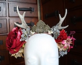 antler crown costume faun headpiece wth flowers, bronze tiara, woodland wedding