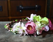 boho festival flower crown circlet in pink and green, dryad, fairy, woodland wedding, bridesmaid