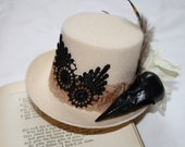 steampunk mini top hat with feathers and bird skull nevermore
