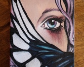 tiny lovers eye original painting with magpie wing, lowbrow steampunk art