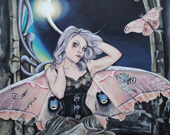 repairs, gothic steampunk art nouveau art print, moth wings portrait