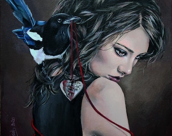 My Heart, Steampunk Gothic Portrait With Magpie, Art Print, Lowbrow Art