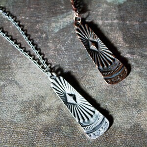 Art Deco Tribal Sunburst Rectangular Pendant, tribal necklace, Silver or Copper