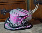 grey and pink tartan steampunk mini top hat, mad hatter, alternative wedding