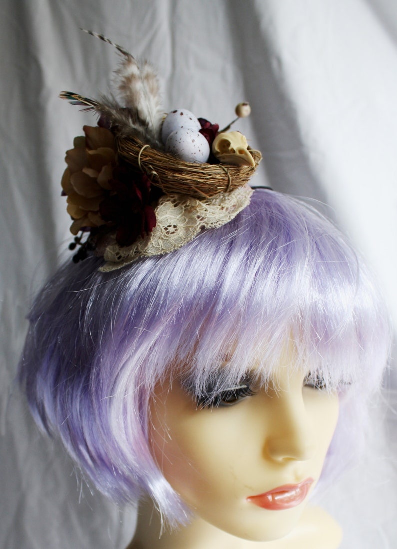 Custom Bird Nest and Flower Fascinator, Steampunk Hair Clip, Alternative Wedding Through a Hedge