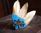 steampunk bronze octopus hair clip, gold tipped feather headpiece