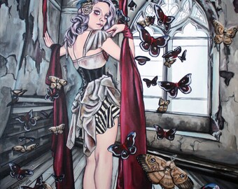 steampunk lowbrow art print gothic circus girl with moths