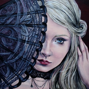 gothic femme fatale lowbraw fine art giclee druck, spitzenfächer, geheimnisse
