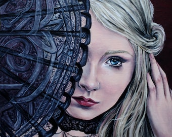 gothic femme fatale lowbrow fine art giclee print, lace fan, secrets