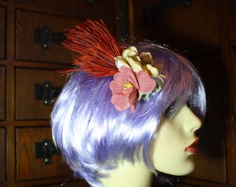 pink, cream, rust flower and feather boho hairclip, hedgerow, woodland wedding