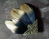 valkyrie black and gold or silver and gold tipped steampunk feather headpiece, gothic hair clip