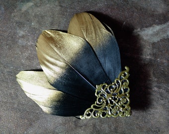 valkyrie black and gold or silver and gold tipped steampunk feather headpiece, gothic hair clip