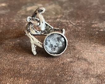 full moon twiggy statement ring, silver plated, cottagecore astronomy jewellery