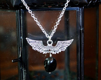 raven wings and black onyx valkyrie necklace, gothic pendant, steampunk necklace