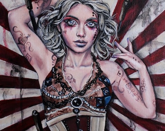 dark circus zombie original art, acrylic on canvas, steampunk lowbrow gothicart, Strange magic