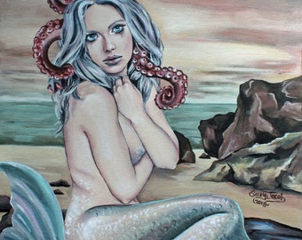Stranded mermaid lowbrow art print, steampunk fantasy art, octopus tentacles