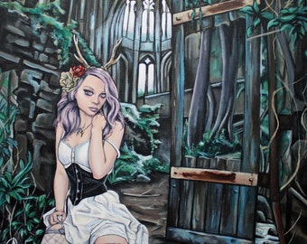 STUDIO SALE The White Doe Steampunk Fantasy Acrylic Painting, Fairy Tale Art, Lowbrow Art