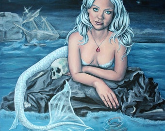 STUDIO SALE gothic mermaid painting, steampunk, original acrylic painting, these waters deep