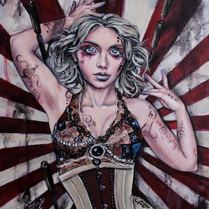 steampunk gothic zombie circus girl art fine art print, strange magic, red and cream, knife throwing, halloween