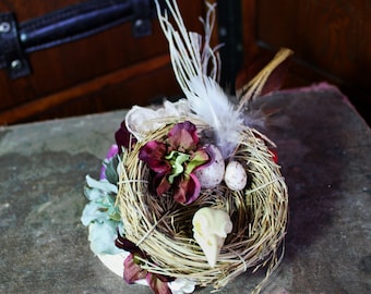 through a hedge backwards boho steampunk bird nest fascinator headpiece, woodland wedding