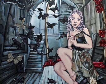 gothic steampunk lowbrow art print girl with moths, the gilded cage