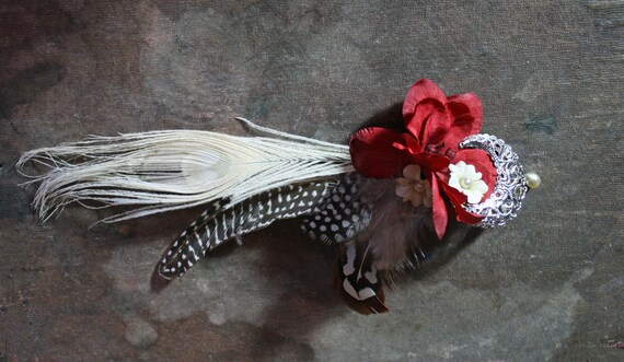 Steampunk Feather And Flower Hair Clip Red And Cream Vintage Etsy