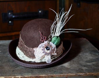 brown and copper mini bowler derby hat, fascinator, with clock hands, the countess