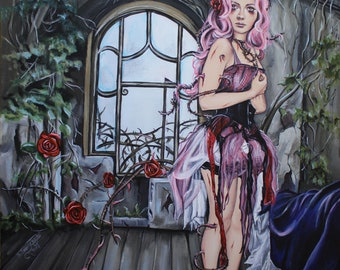 Steampunk Lowbrow Original Acrylic on Canvas, Briar Rose, portrait, gothic art