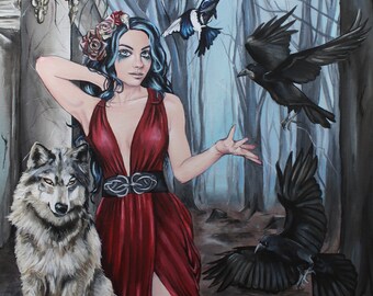 STUDIO SALE- Phantoms, Gothic Crow Goddess Painting, Acrylic Wall Art, Lowbrow