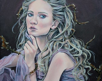 Thorns Original Painting, lowbrow portrait, purple dress