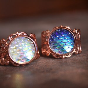 mermaid dragon scale filigree ring, silver, rose gold or bronze, steampunk, fantasy