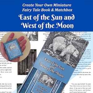 May include: A miniature book and matchbox set titled East of the Sun and West of the Moon. The blue cover features a black and white illustration of a person riding a polar bear. The set includes a small book and a matching sliding box container.