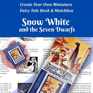 May include: A miniature Snow White and the Seven Dwarfs book and matchbox set. The blue matchbox features a rectangular label with a vintage illustration of Snow White and the dwarfs. The book cover displays the same illustration and title text.