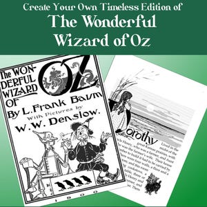 May include: Image of a book cover and pages from "The Wonderful Wizard of Oz" by L. Frank Baum. The cover features the title and author, with illustrations of the Tin Man, Scarecrow, and other characters. The text "Ready-to-print signatures for bookbinding" is also present.