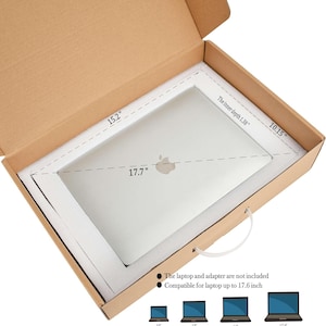 May include: Open cardboard box with foam padding, designed to fit a laptop up to 17.6 inches. The box measures 15.2 inches wide, 10.15 inches deep, and has an inner depth of 1.38 inches. The laptop and adapter are not included.