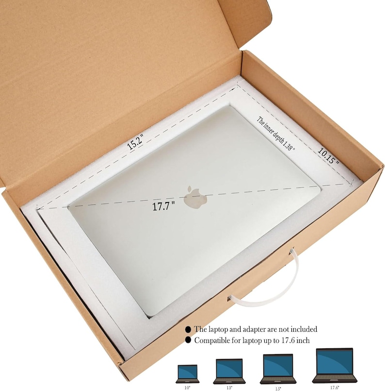 May include: Open cardboard box with foam padding, designed to fit a laptop up to 17.6 inches. The box measures 15.2 inches wide, 10.15 inches deep, and has an inner depth of 1.38 inches. The laptop and adapter are not included.