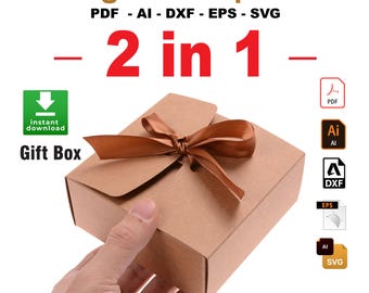 May include: A brown gift box with a brown ribbon and bow. The box is made of cardboard and has a flap on the top. The box is being held in a person's hand. The text "Digital Template" is at the top of the image. The text "2 in 1" is in the middle of the image. The text "Gift Box" is at the bottom of the image. The image also includes icons for PDF, AI, DXF, EPS, and SVG.