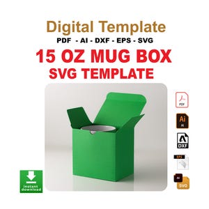 Può includere: Un modello di scatola per tazze verde da 15 once per l'artigianato. Il modello è mostrato aperto con una tazza bianca all'interno. Il modello è disponibile nei formati PDF, AI, DXF, EPS e SVG.