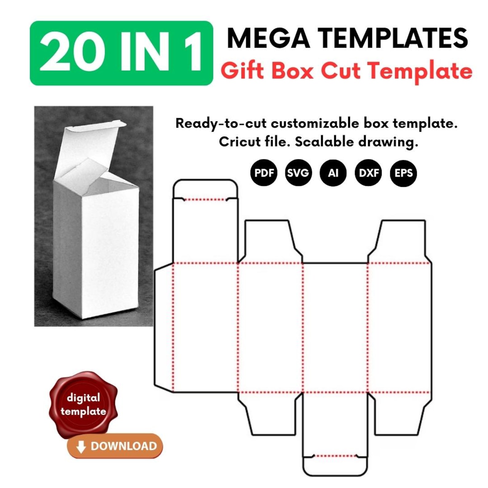 20 Gift Box Cut Template SVG Ai PDF Eps Dxf File Format Ready to