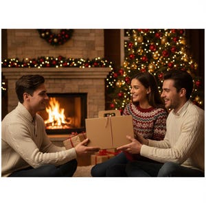 May include: Three people exchanging gifts in front of a fireplace and Christmas tree. One person is holding a wrapped gift, while another holds a brown cardboard box with a handle. The scene is decorated with Christmas lights and ornaments.