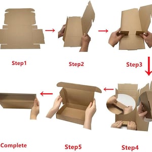 May include: A step-by-step guide on how to fold a cardboard box. The images show the box in different stages of folding, starting with a flat piece of cardboard and ending with a closed box. The steps are labelled with numbers.