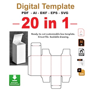 20 Geschenkboxschnittvorlagen, SVG, Ai, PDF, eps, dxf-Dateiformat. Fertig ausgeschnittene anpassbare Box-Vorlage. Cricut-Datei. Skalierbare Zeichnung.