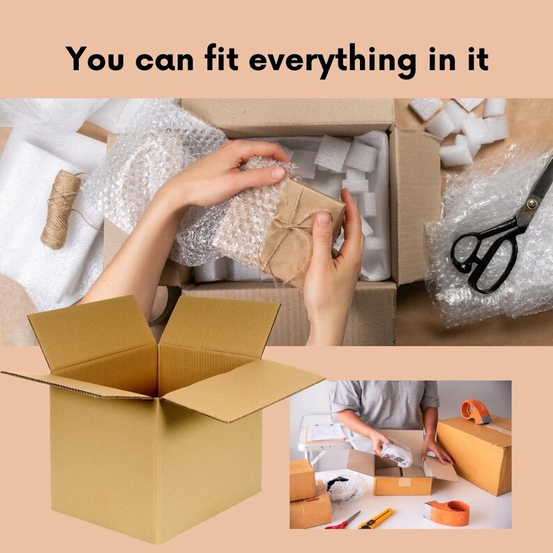 May include: A cardboard box with its flaps open, with the text "You can fit everything in it" at the top. A person is shown packing a small gift wrapped in brown paper and bubble wrap. Other packing supplies are visible.