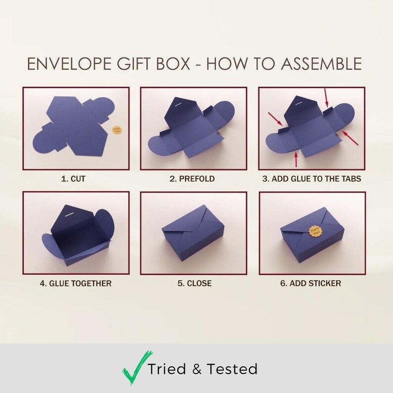 Puede incluir: Una gu&iacute;a paso a paso sobre c&oacute;mo ensamblar una caja de regalo de sobre. Las instrucciones incluyen cortar, preplegar, agregar pegamento a las pesta&ntilde;as, pegar, cerrar y agregar una pegatina. La imagen muestra una caja de regalo de sobre azul.