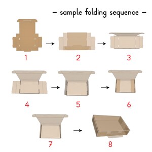 May include: A step-by-step diagram illustrates the folding sequence of a cardboard box. The sequence, labeled 1 through 8, shows the box being assembled from a flat, unfolded state to a fully formed container. The text "- sample folding sequence -" is at the top.